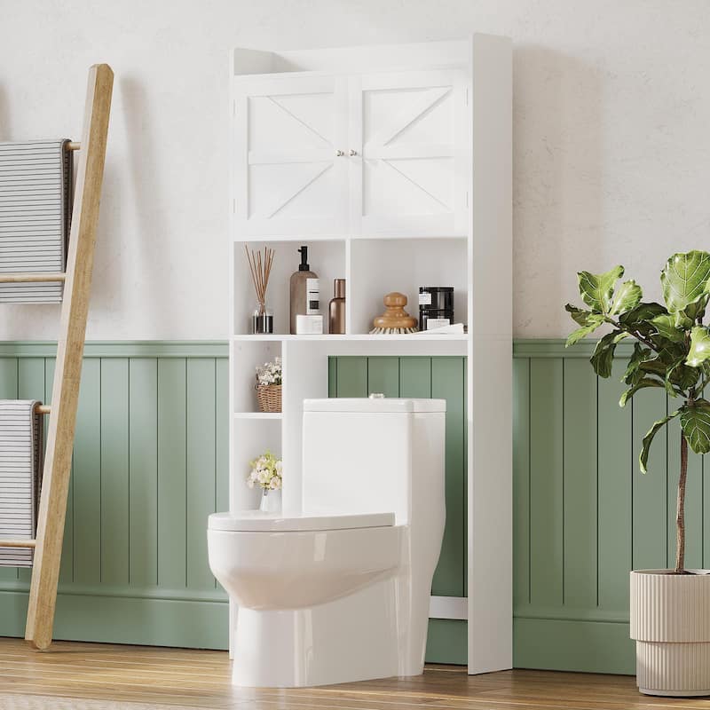 Over-The-Toilet Storage Cabinet with Adjustable Shelf, Bathroom Space Saver with Double Doors and Open Shelves