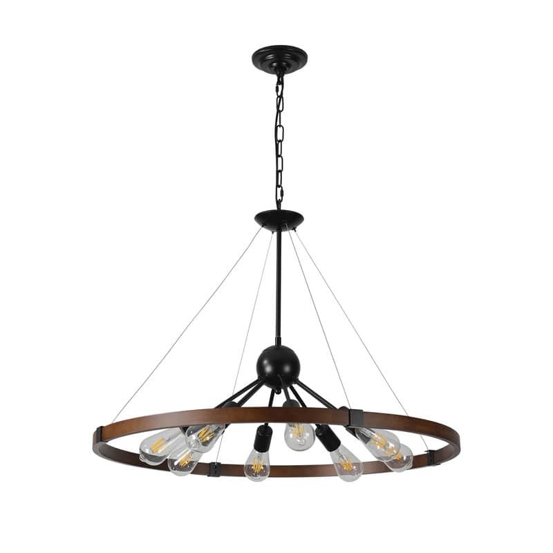 32" Rustic Industrial Chandelier, Eight Lights, Metal And Wood Finish, Adjustable Hanging Chain (No Bulb)