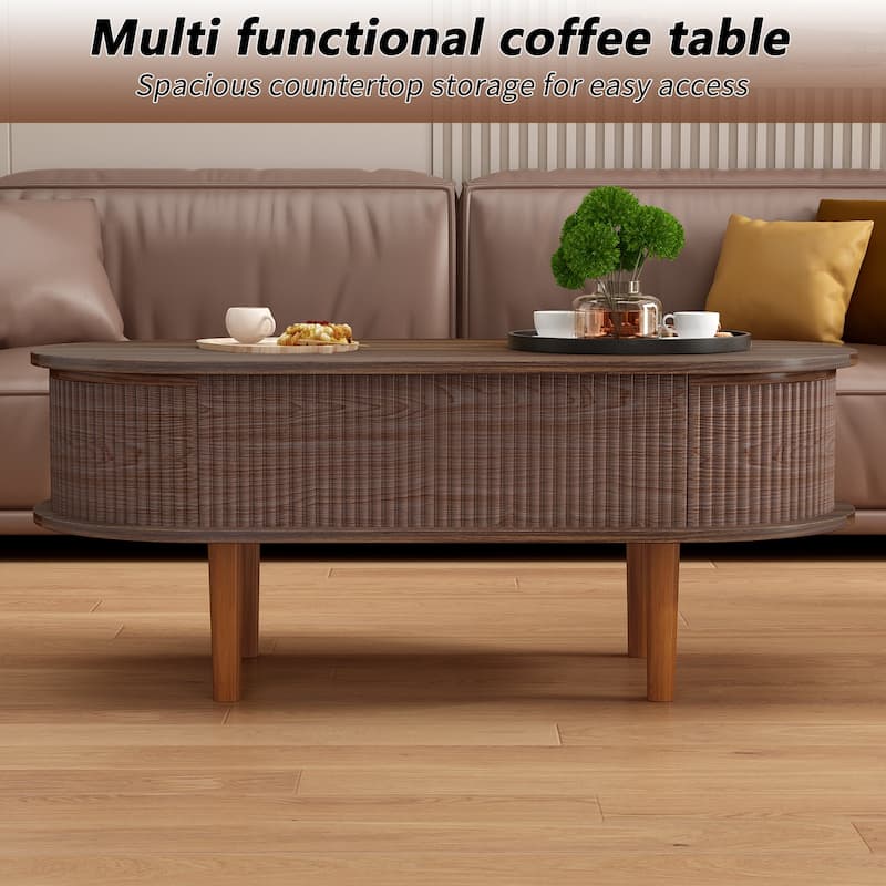 Fluted Lift Top Coffee Table with Hidden Compartment, Wooden Center Table, Modern Oval Lift Tabletop for Home Living Room