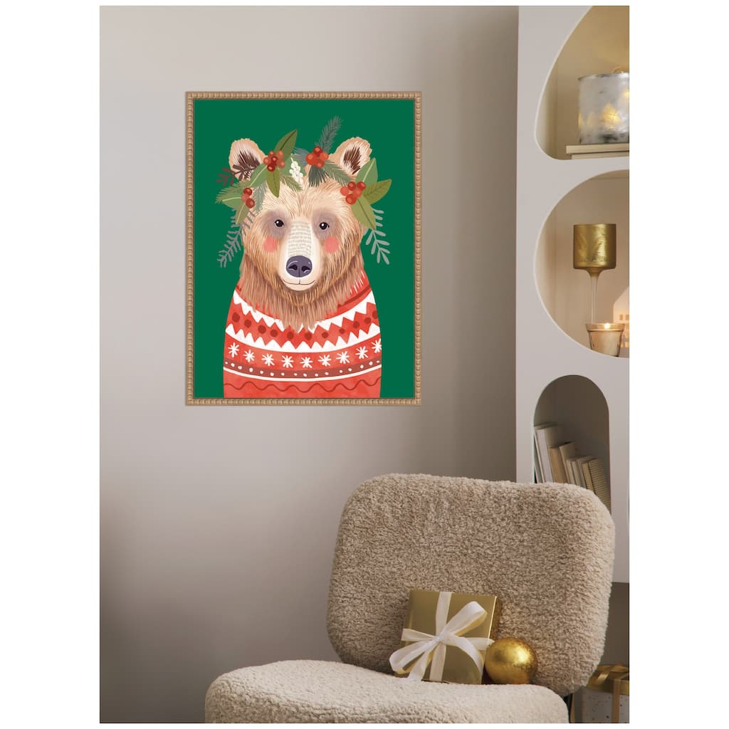 Kate and Laurel Sylvie Beaded Christmas Bear Framed Canvas by Mia Charro