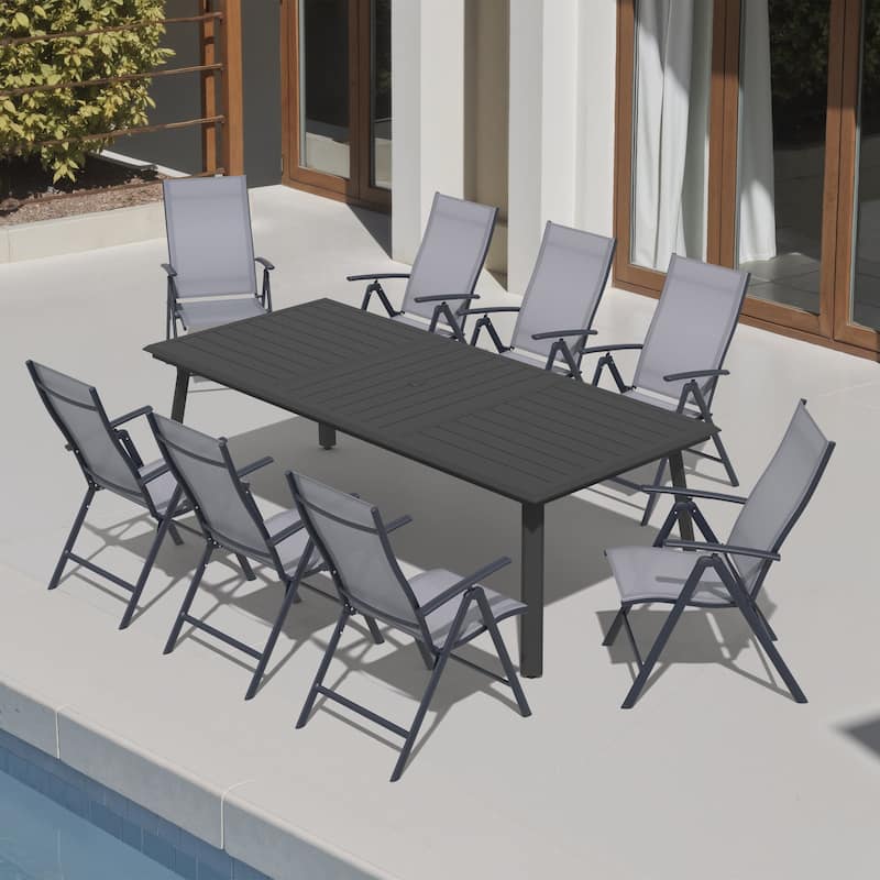 9-Piece Outdoor Dining Set Aluminum Dining Table with Umbrella Hole and Adjustable Folding Chairs - Grey