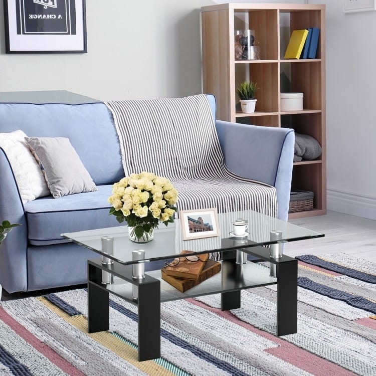 Modern 2 Tier Glass Coffee Table with Black Metal Legs - 39 inches L x 23.5 inches W x 17.5 inches H