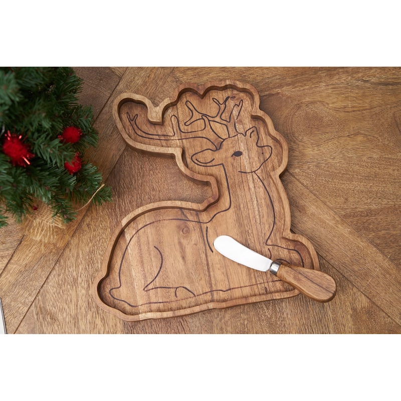 Reindeer Shaped Wooden Serving Board with Spreader 10.75 x11.00-in.
