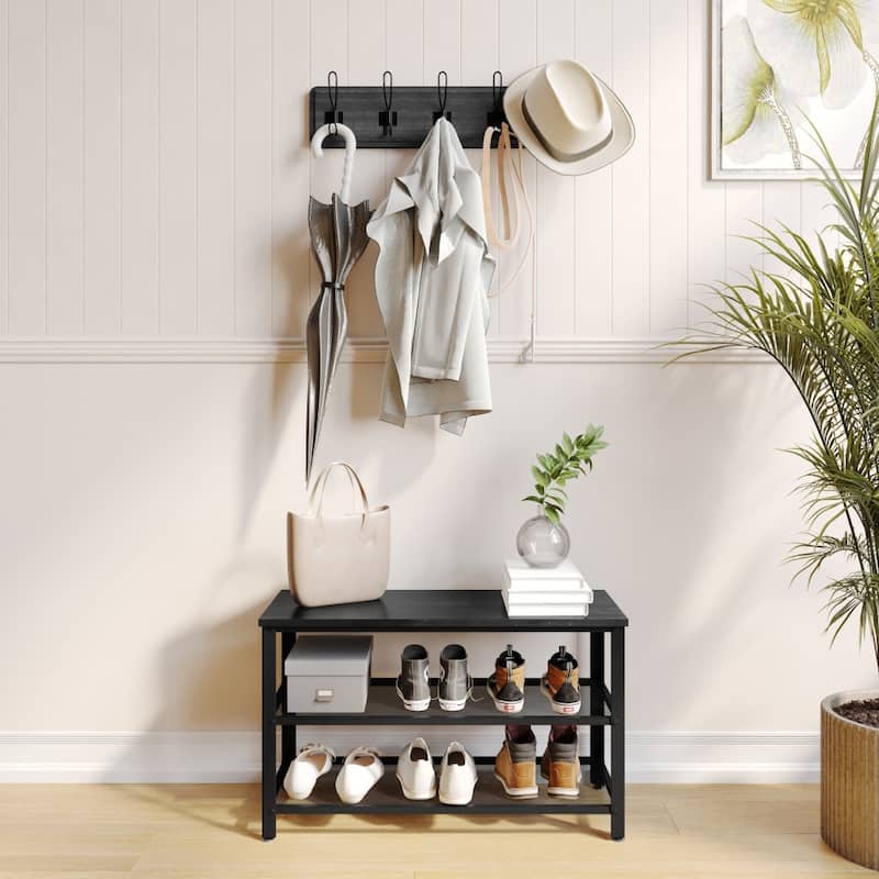 3-Tier Entryway Bench with Mesh Metal Shoe Storage Shelves
