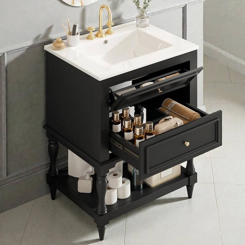 24" Bathroom Vanity with Ceramic Sink, Retro Open-Shelf Cabinet with 2 Drawers