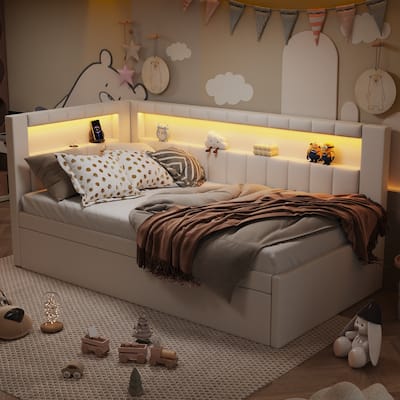 Twin Size Upholstered Platform Bed w/ USB Ports & LED Belt w/ Trundle, White
