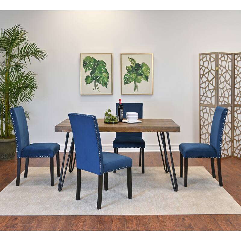 Rectangular Dining Table and Chair Sets with Chrome Nailhead Trim Chairs and Metal Hairpin Legs for Living Room Kitchen - Brown
