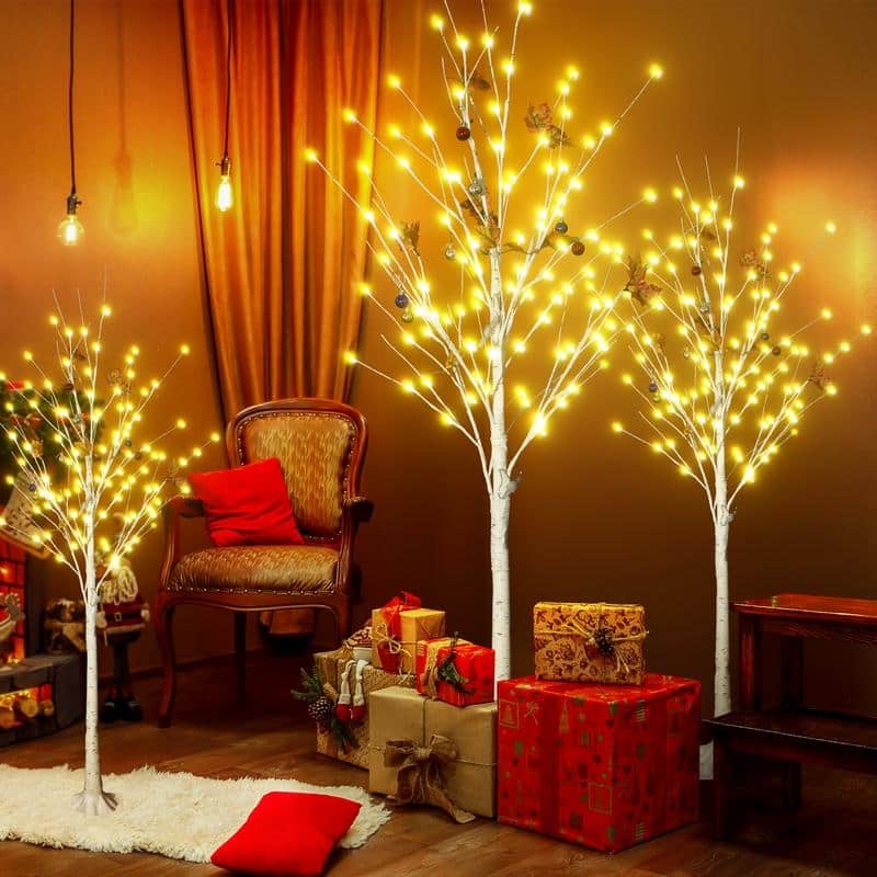 Grondin 3 Pieces Pre-Lit Christmas Lighted Artificial Birch Tree, 4FT 5FT 6FT White Lighted Birch Tree Set of 3