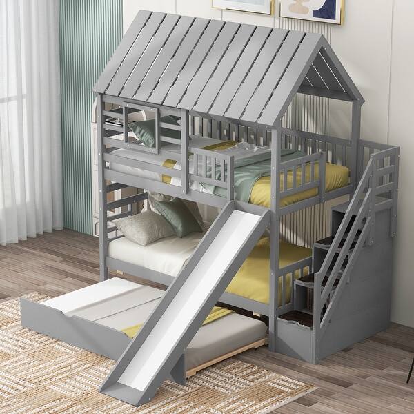 slide 2 of 34, Twin House Bunk Bed with Trundle, Slide, and Storage Staircase, Grey Grey