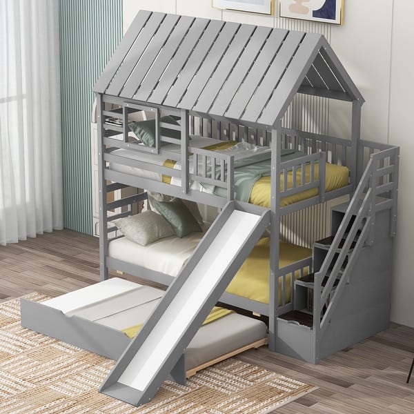 slide 2 of 14, Twin over Twin House Bunk Bed with Trundle, Slide, and Storage Stairs, Grey
