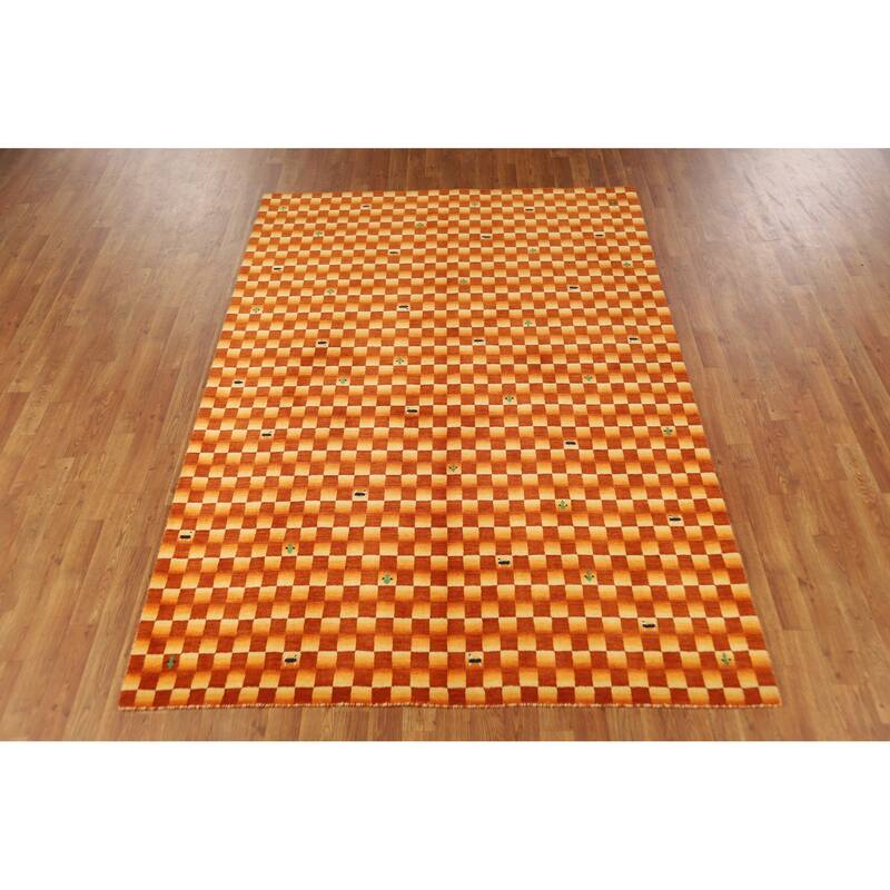 Checkered Gabbeh Indian Area Rug Hand-Knotted Wool Carpet - 5'5" x 7'9"