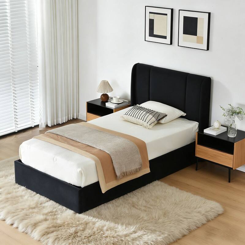 Modern Minimalist Upholstered Storage Bed with Lift-Up Platform - Black - Twin
