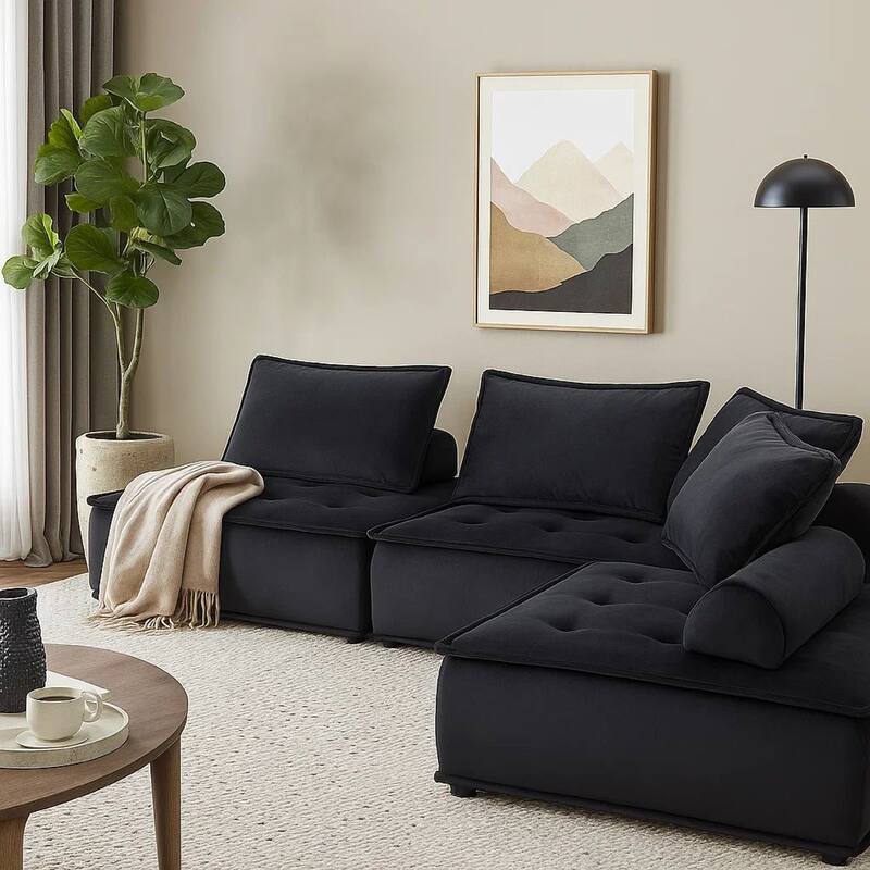 Alaya 5pc Modular Sectional Sofa with 2 Ottomans, Black Velvet Upholstery