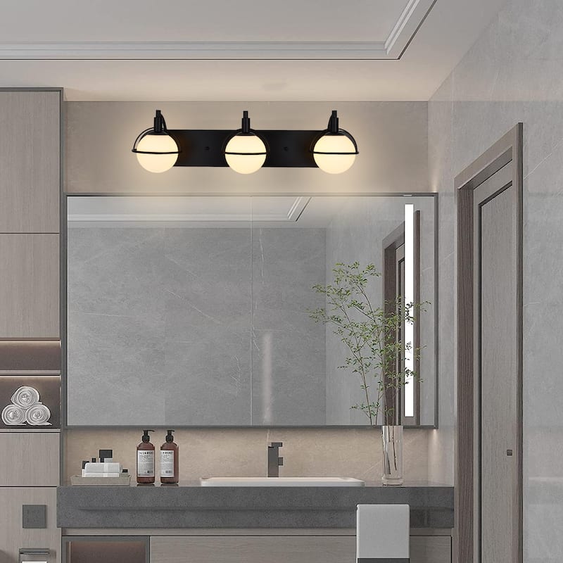 3 - Light Modern Wall Sconce, Black Metal with White Globe Glass Shades