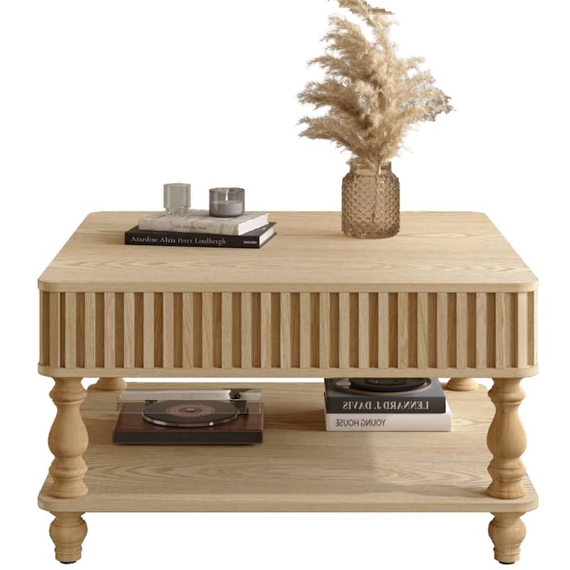 31.5 Inch Square Fluted Lift-Top Coffee Table with Hidden & Open Storage, Hydraulic Raising Mechanism, Retro Solid Wood Legs