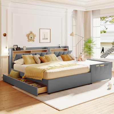 Upholstered Platform Bed with Hydraulic Storage System and Two pairs of sockets and USB Ports