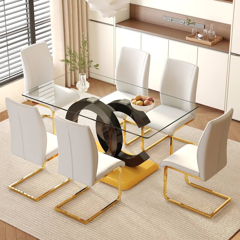 Luxury 7-Piece Dining Table Set 63-Inch Rectangular Glass Table with 6 Faux Leather Chairs Modern Kitchen Dining Table Set for 6