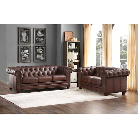 Hydeline Stanwood Top Grain Chesterfield Leather Sofa Set, Sofa and Loveseat