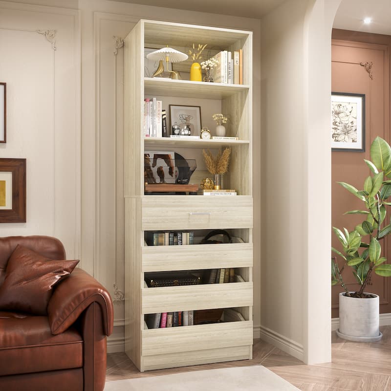 21.3" Storage Cabinet Bookshelf with Charging Station and 3 Wood Drawers, Freestanding Closet System with Storage Shelves - White Oak