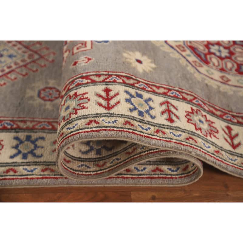 Geometric Kazak Runner Rug Hand-Knotted Grey Wool Carpet - 2'9" x 19'7"
