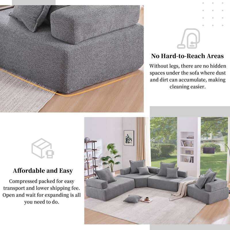 Boucle Fabric Oversized Modular Lounge Sofa Frame with 2 Pillows, No Assembly Required