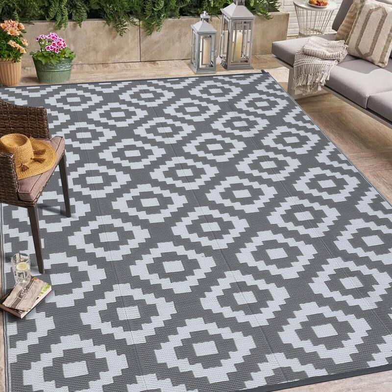 Outdoor Rug Waterproof Plastic Straw Rug Reversible Rug for Patios Decks Porch Camper Balcony Backyard - 8'x10' - Gray White