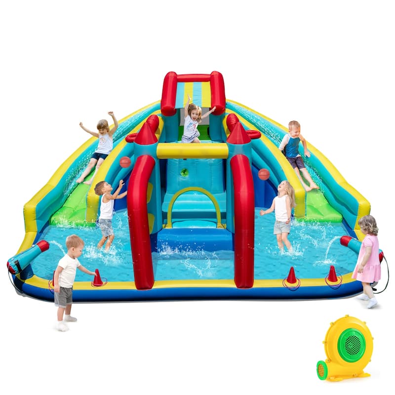 Large Inflatable Water Slide Park for Kids with Double Slides Bounce House Water Cannons 680W Blower