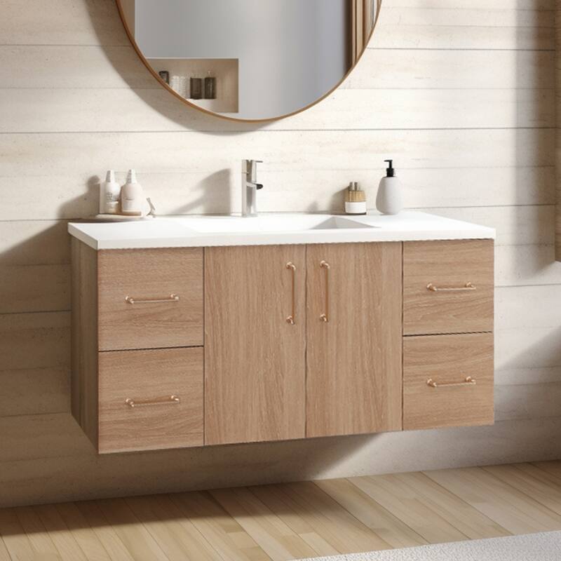 Prismella 36" 48" Wall-Mount Bathroom Vanity in Oak with Top