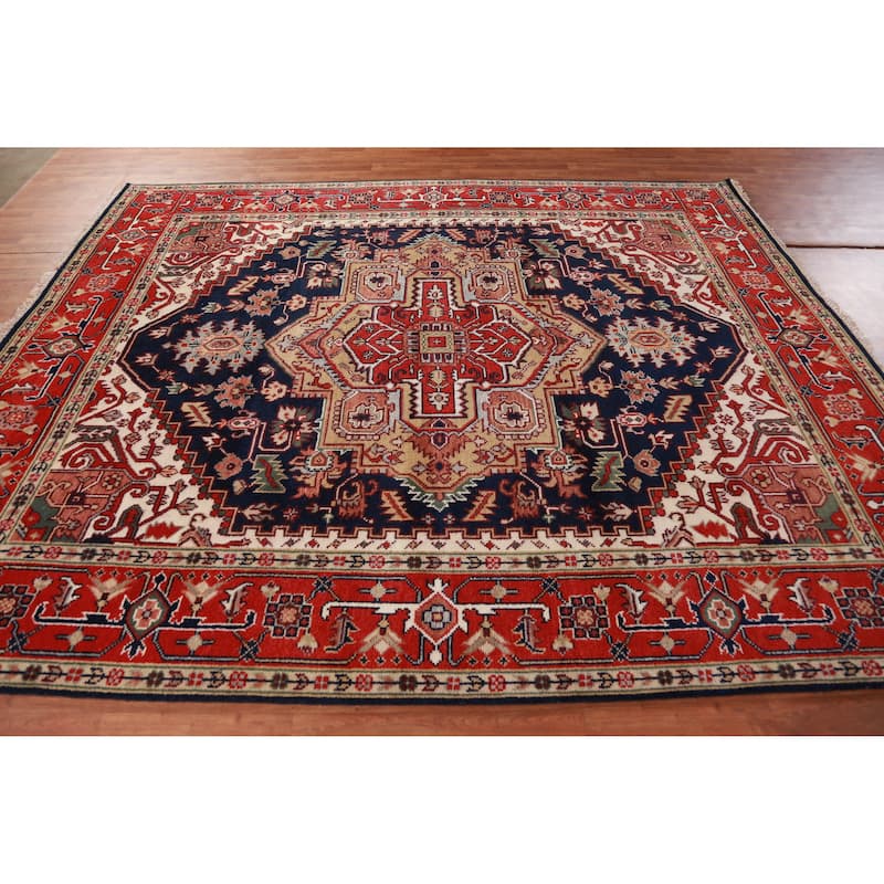 Hand Knotted Oriental 100% Wool Carpet Traditional Medallion Navy Blue & Blues Heriz (serapi) Area Rug - 9' 10'' X 8' 2''
