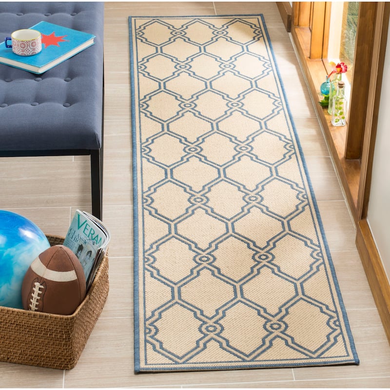 SAFAVIEH Linden Jeri Indoor/ Outdoor Waterproof Patio Backyard Rug - 2'2" x 8' Runner - Cream/Blue