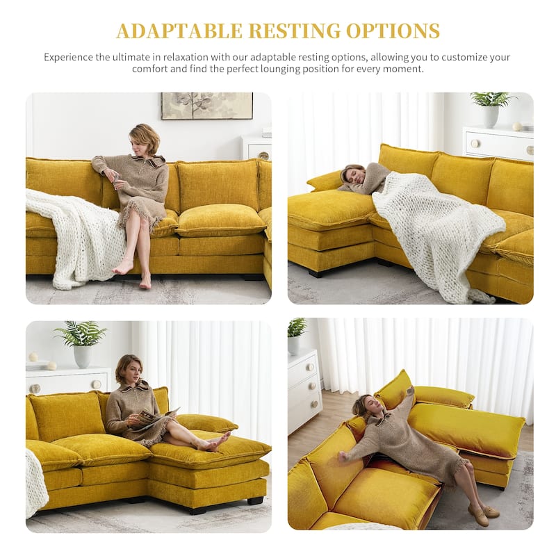 Chenille Upholstered Sectional Sofa with Chaise and Storage Pockets, 5 Seat Lounge Cloud Couch L-shaped Recliner Couches - Yellow