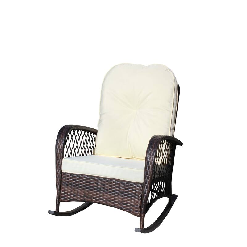 Outdoor Wicker Rocking Chair with Wide Seat, Thick, Soft Cushion, Rattan Rocker w/Steel Frame, High Weight Capacity