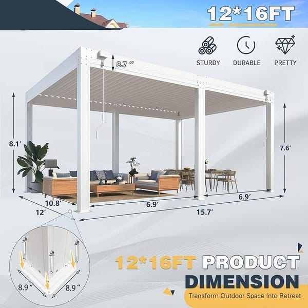 dimension image slide 30 of 31, EROMMY Outdoor Louvered Pergola with Adjustable Aluminum Roof – Rainproof Gazebo for Patio & Garden