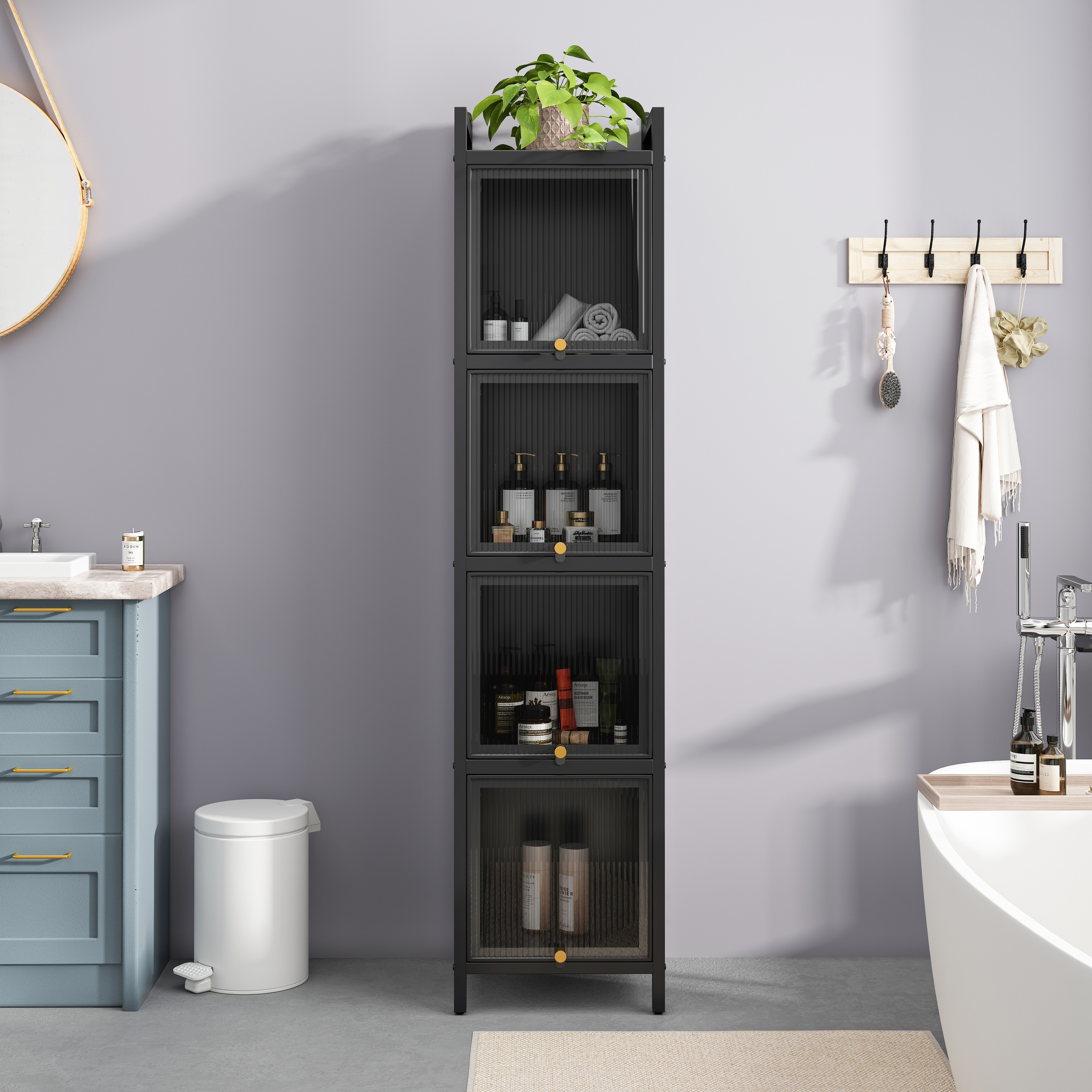 Anmytek Modern Black Glass Door Storage Cabinet with 5 Tier Shelves for Bathroom Living Room