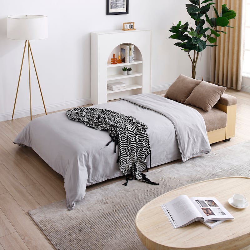 Convertible Sleeper Sofa Bed, Loveseat Couch with Storage Ottoman, Reversible Armrest Box & Drawer, Drop-Down Table, Cup Holders