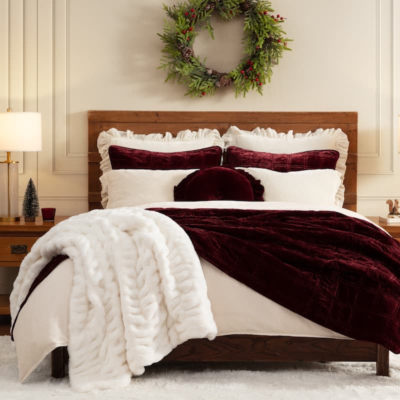 HiEnd Accents Stella Faux Silk Velvet Double Box Stitch Modern Rustic 3 Piece Quilt Set