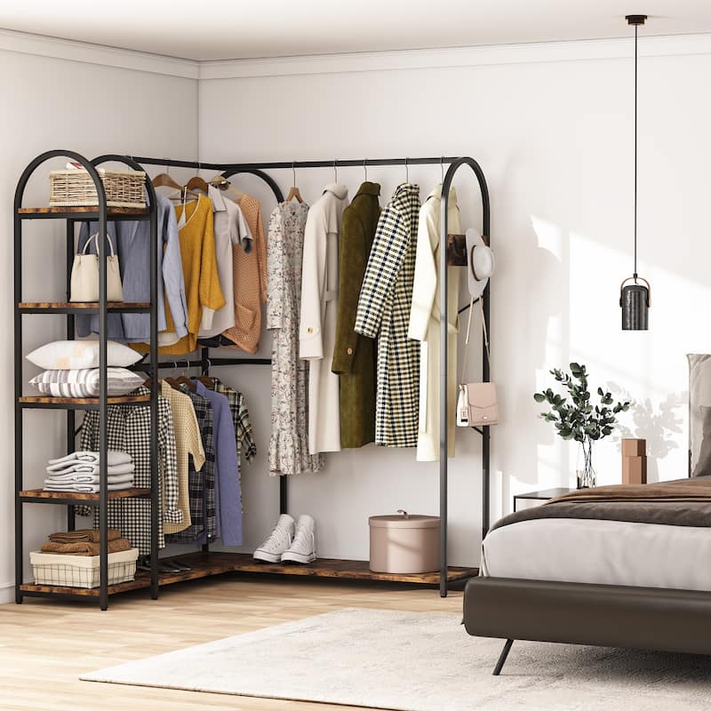 Heavy Duty L Shape Clothes Rack,Freestanding Corner Closet Organizer,Large Garment Rack with Storage Shelves and Hanging Rods