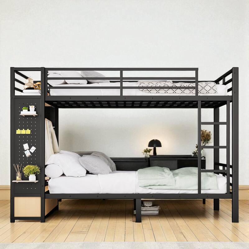 Full over Full / Queen over Queen Metal Bunk Bed with Shelves, Drawers and Pegboard Storage - Black - Queen