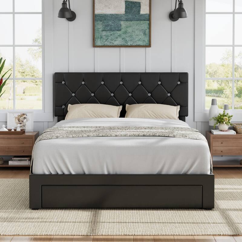 VECELO Bed Frame with Storage Drawers, Leather Upholstered with Diamond Tufted Headboard, Solid Wood Slat Support