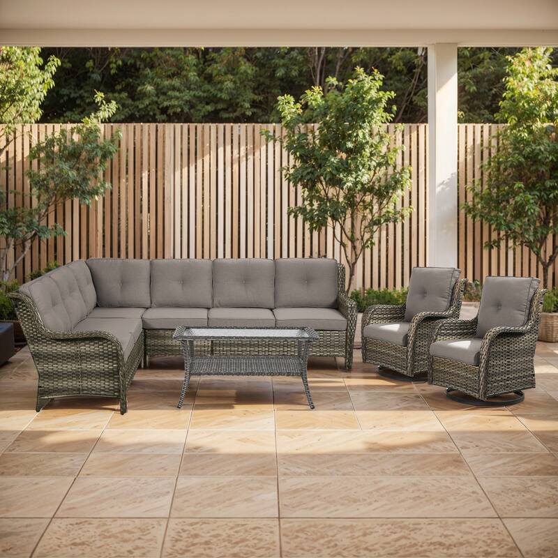 Outdoor Conversation Sets 2 Sectional Sofa Furniture - Sectional Sofa with Table and Swivel Chair - Grey Rattan - Grey Cushion