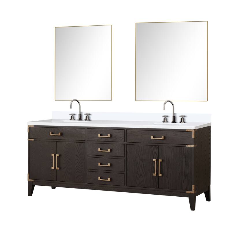 Laurel 60 in W x 22 in D Black Oak Double Bath Vanity, White Quartz Top, Faucet Set, and 28 in Mirrors