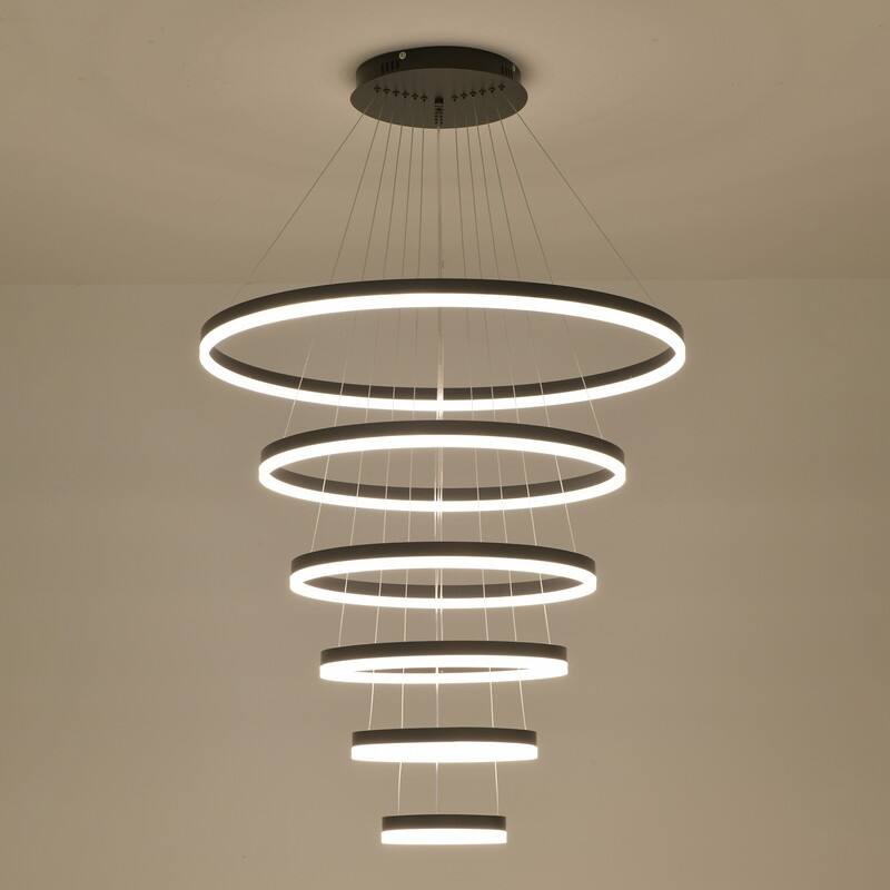 Modern Ring LED Chandelier Large Circle Pendant Light for High Ceilings, Dimmable with Remote - 6 Rings