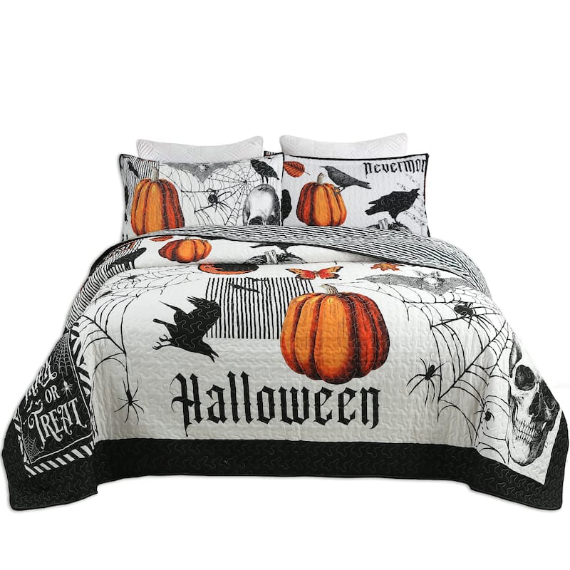 MarCielo 3 Pcs Halloween Themed Quilt Bedspread Set Cozy and Spooky Pumpkin Ghost Pattern ME500