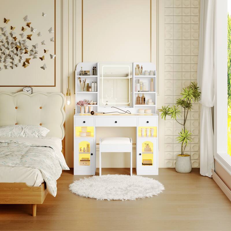 Roomfitters 43.2" Makeup Vanity Desk with LED Lighted Mirror, Glass Door Cabinets, Charging Station and Stool