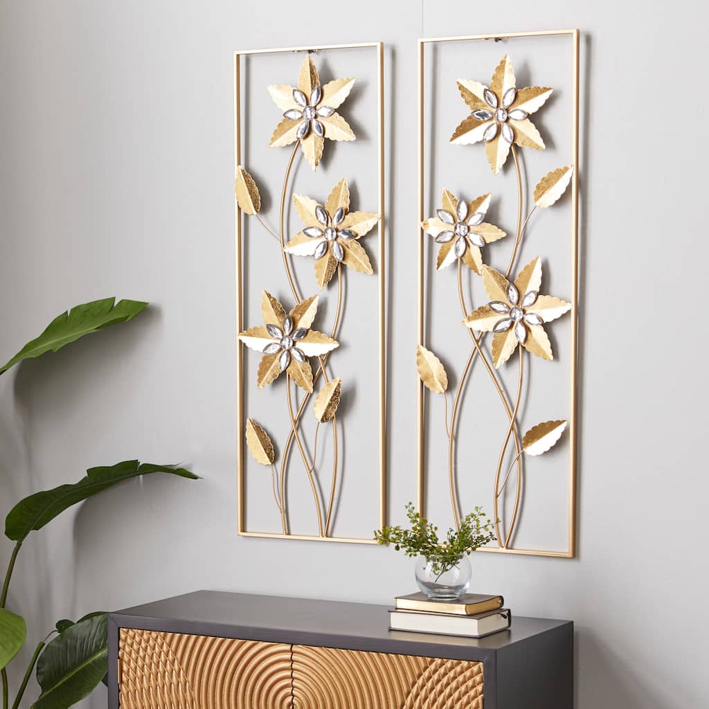 Gold Metal Floral Home Wall Decor with Gold Frame (Set of 2)