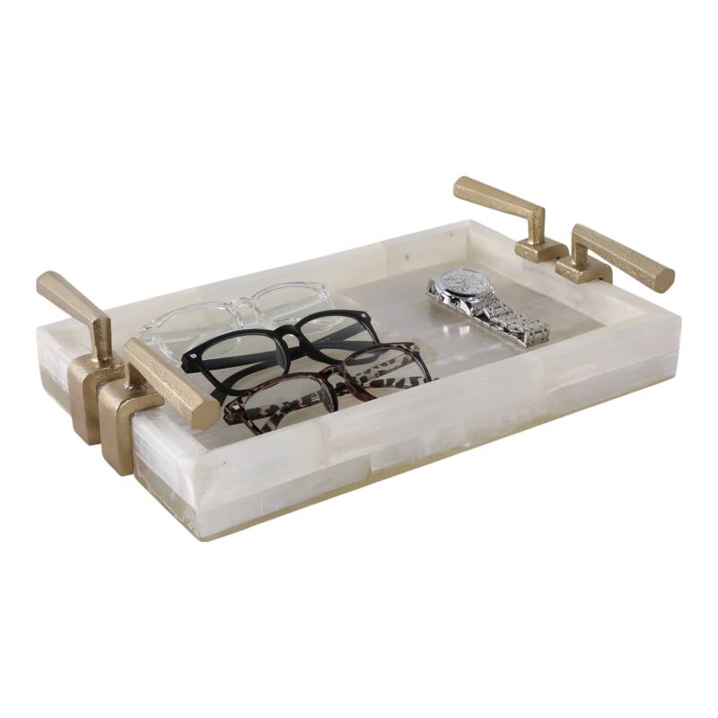 Stone Decorative Tray Chic Stylish Hardware Handles - 14" Gold - 13.75"