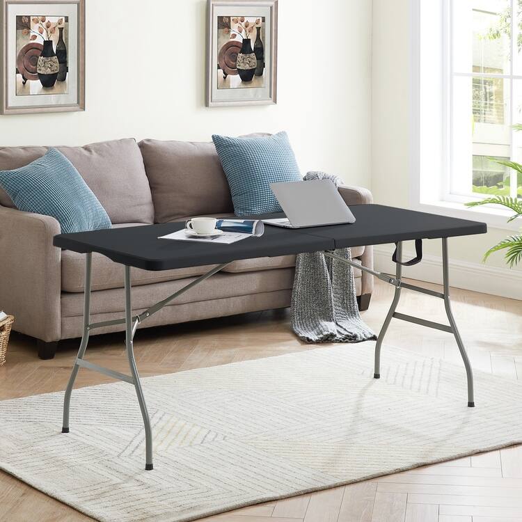 Folding Table Foldable Table Portable Collapsible Table Multipurpose Rectangular Resin Fold Up Table for Outdoor Camping - Black, 6-feet