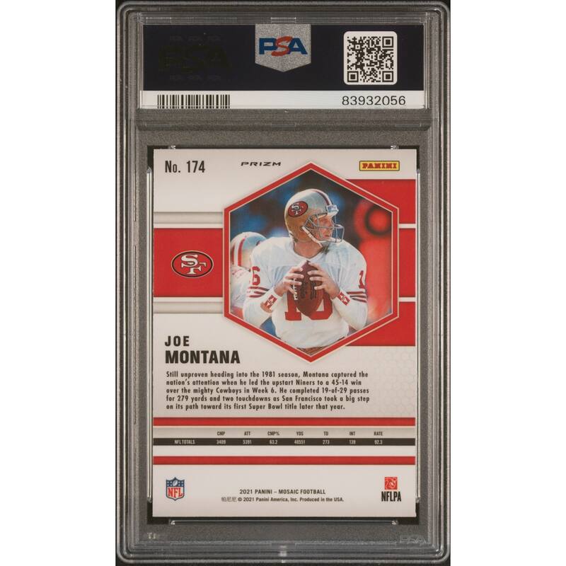 Joe Montana 2021 Panini Mosaic Reactive Yellow Football Card #174 Graded PSA 10 - 8'6" x 11'6"