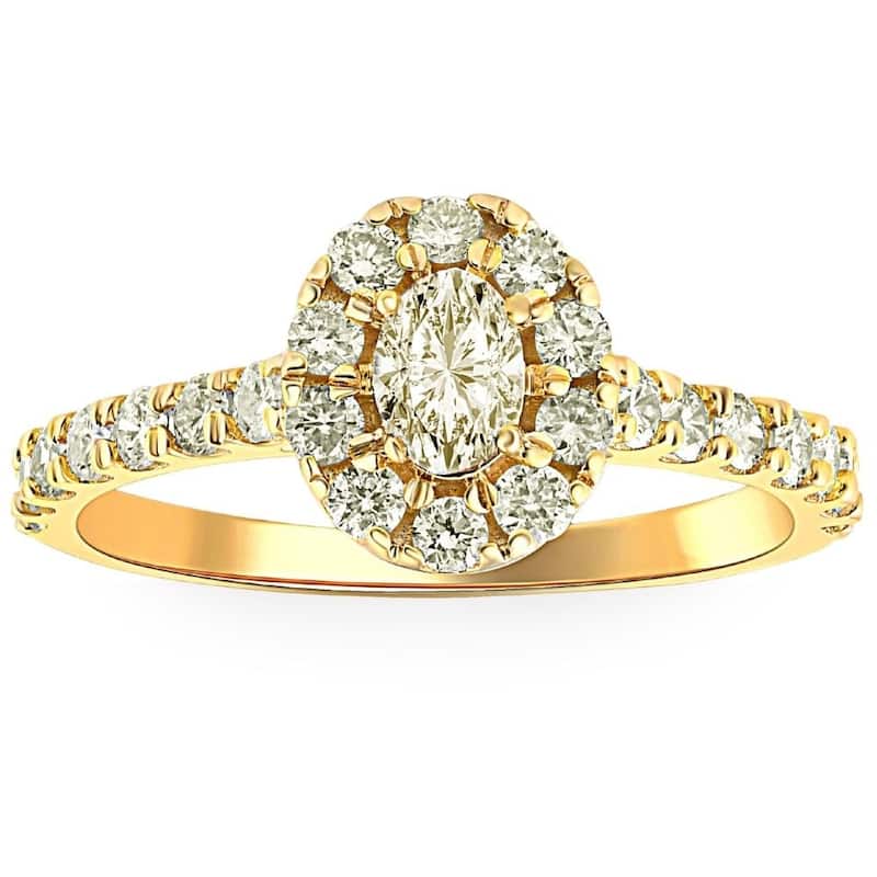 1Ct Natural Oval Diamond Halo Engagement Ring in Yellow Gold