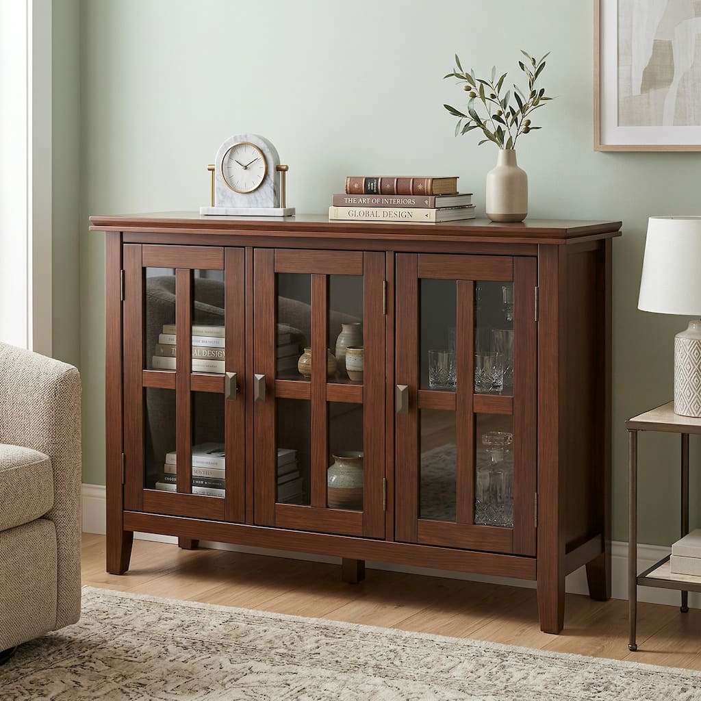 WYNDENHALL Stratford 44 inch Wide Solid Wood Contemporary 3 Door Storage Cabinet in Russet Brown - 14" D x 43.8" W x 31" H